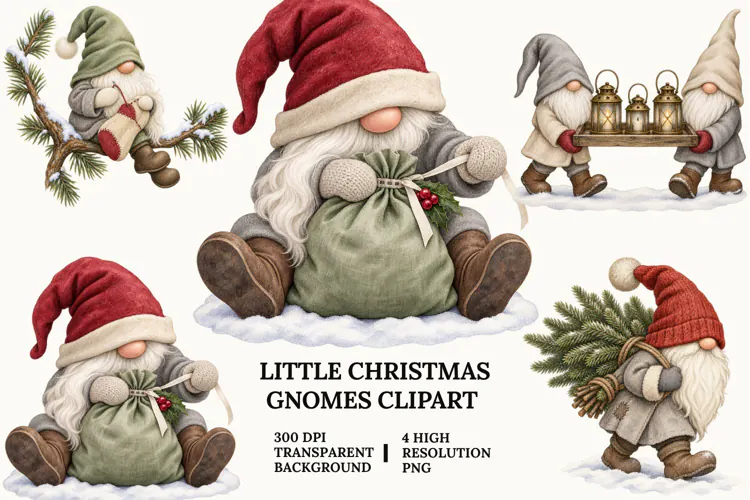 Little Christmas Gnome Clipart, Skiing, Bells and Snowman PN