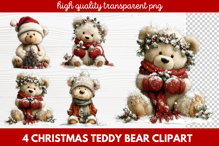 4 Christmas Teddy Bear Clipart | Cute Holiday Bear PNG Illus