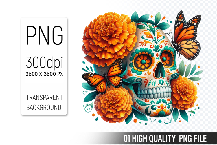 Sugar Skull Clipart PNG, Sublimation Skull Flowers