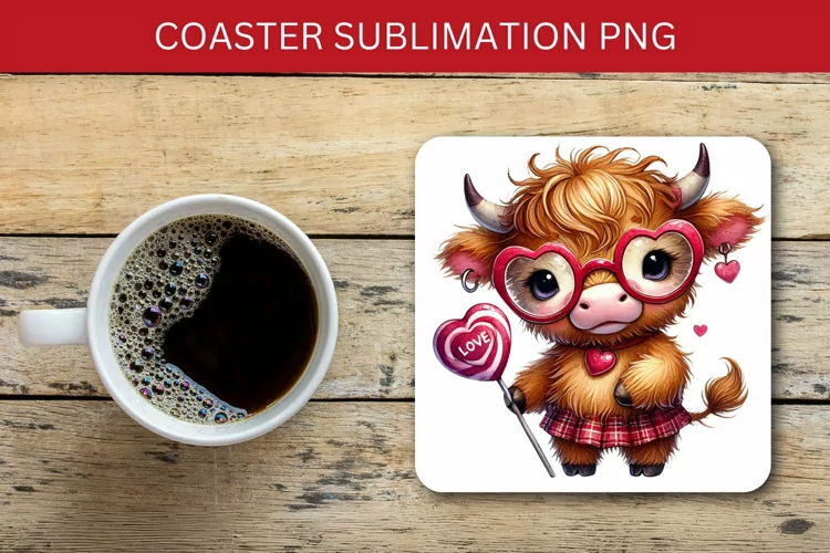 valentine square coaster - highland cow heart
