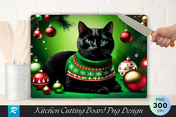 Festive Black Cat Cutting Board Sublimation Design