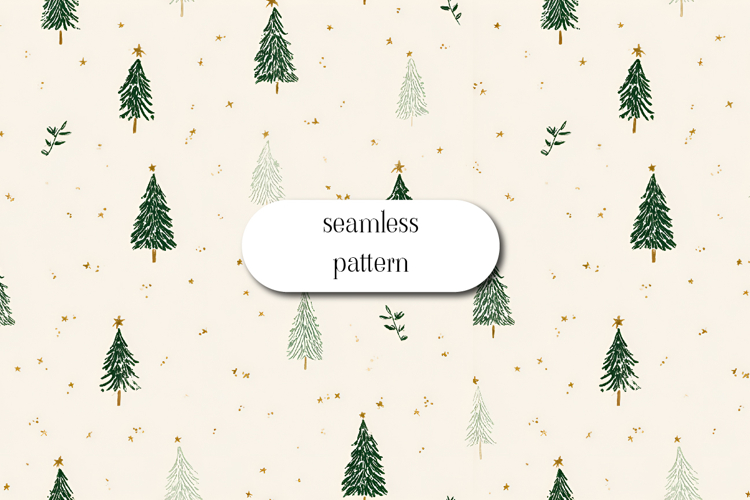Christmas Tree Seamless Pattern with Golden Stars