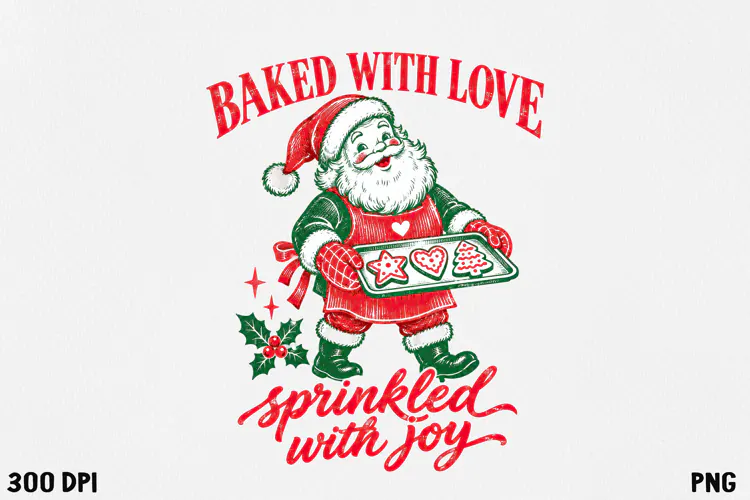 Vintage Christmas Santa Baking Cookies Retro Holiday PNG