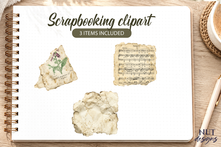Torn paper clipart, vintage collage music sheet scrapbook