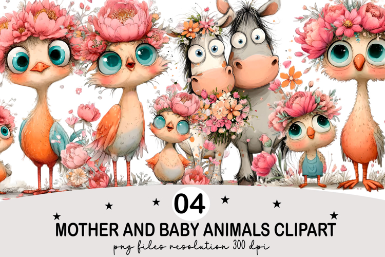 Mother and Baby Animals Clipart Watercolor png