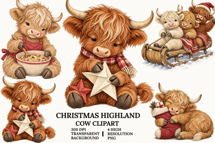 Christmas Highland Cow Clipart with Cozy Winter Holiday PNG