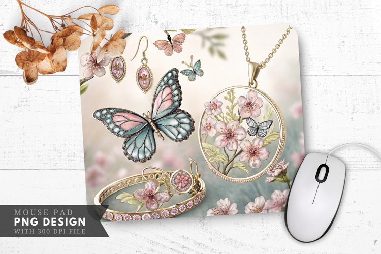 Butterfly and Floral Jewelry Design Mouse Pad PNG example image 1