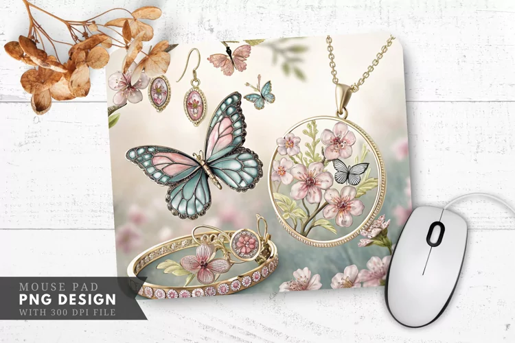 Butterfly and Floral Jewelry Design Mouse Pad PNG