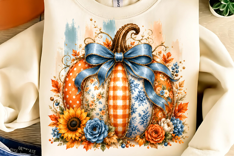 Coquette Patchwork Fall Pumpkin PNG, Autumn Pumpkin PNG