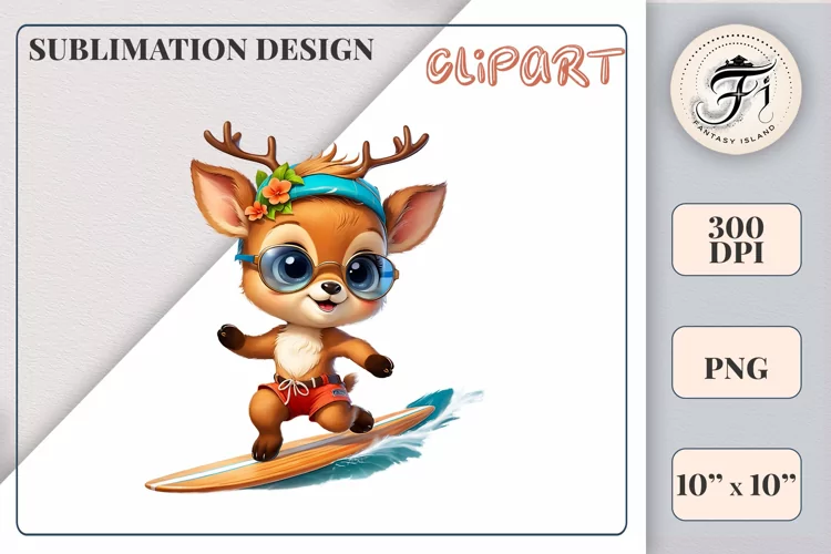Cute Little Deer Surfer Cartoon| Sublimation Design| Ocean