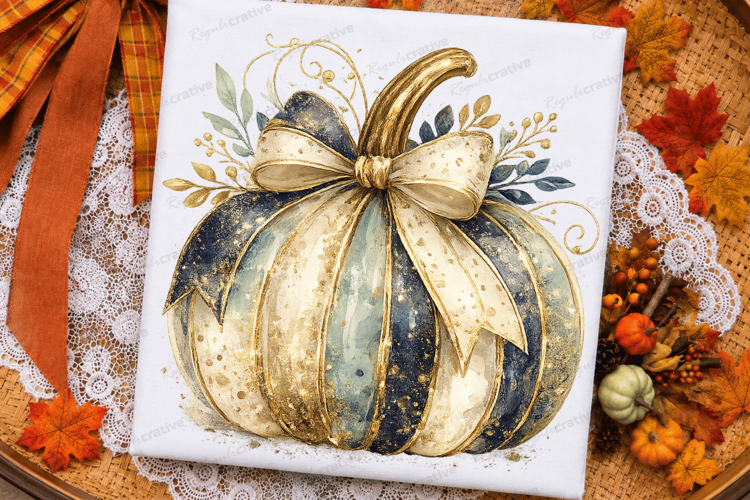 Blue Gold Elegant Fall Pumpkin PNG Design fall pumpkin png