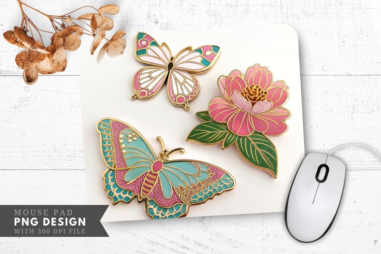 Butterfly Floral Enamel Pins Mouse Pad PNG Design example image 1