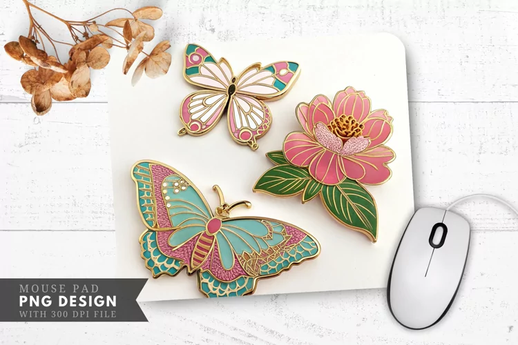 Butterfly Floral Enamel Pins Mouse Pad PNG Design