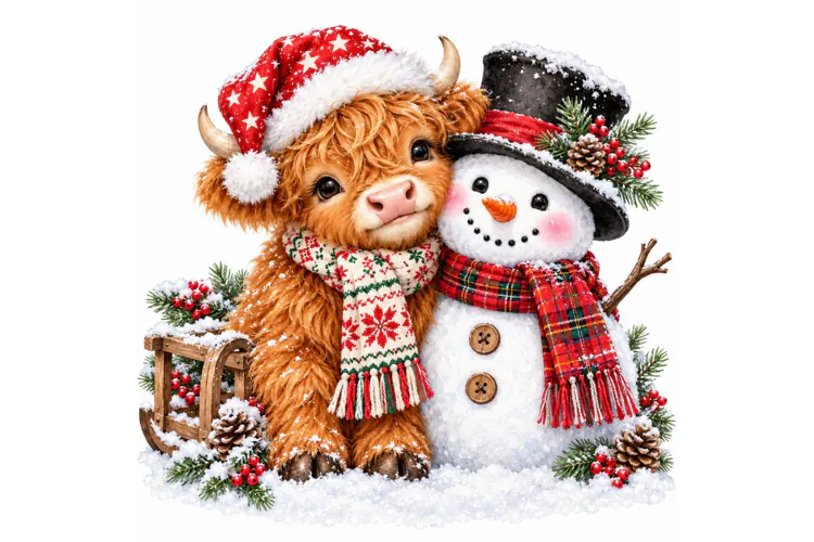 Christmas Highland Cow PNG, Watercolor Holiday Clipart