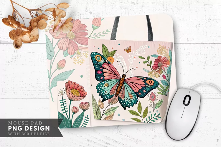 Butterfly Floral Tote Bag Mouse Pad PNG Design