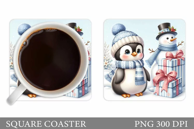 Cute Penguin Coaster Sublimation. Christmas Coaster Design