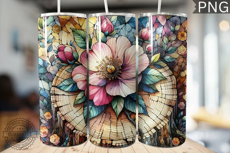 Watercolor Flower Wooden Stump Tumbler - High Quality 3Dpi