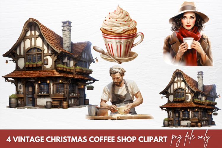 Vintage Christmas Coffee Shop Clipart Sublimation