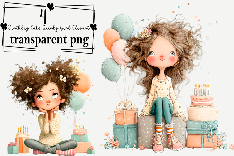 Birthday Cake Quirky Girl Clipart Watercolor PNG