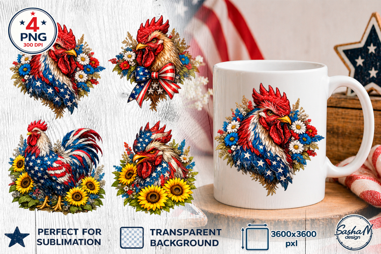 4th of July Clipart, Patriotic rooster png