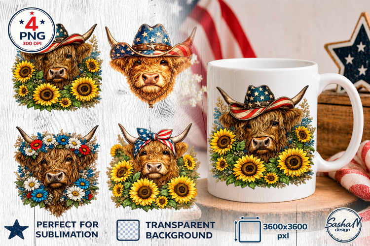 4th of July Clipart, Patriotic highland cow png