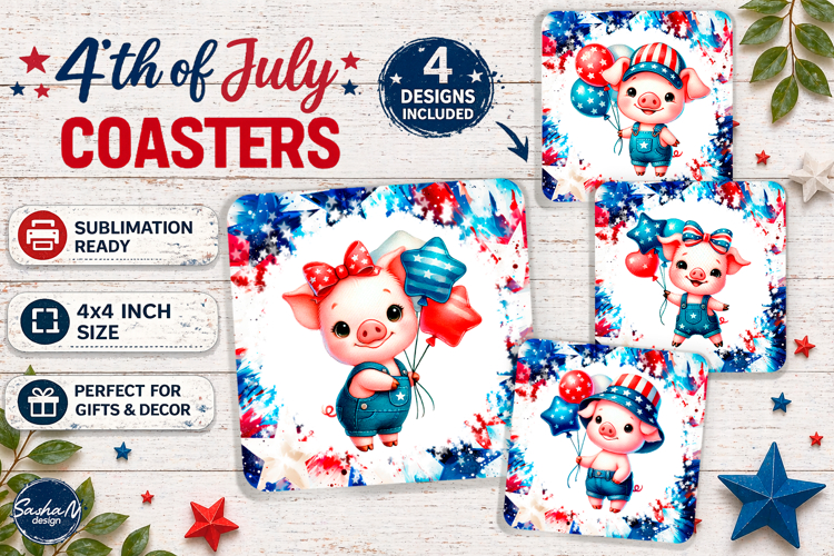 4th of july square coaster sublimation design, Cute pig