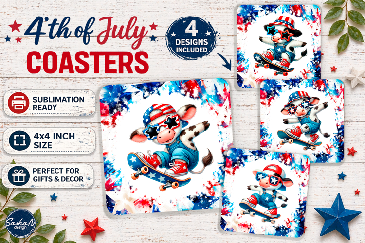 4th of july square coaster sublimation design, Cow png