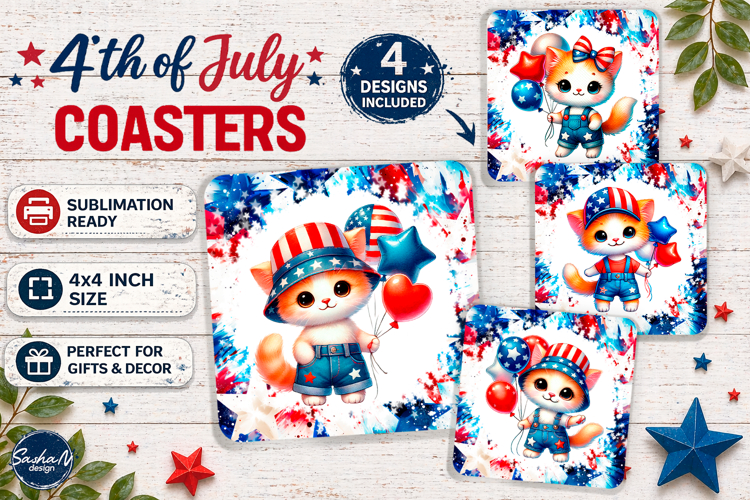 4th of july square coaster sublimation design, Cat png