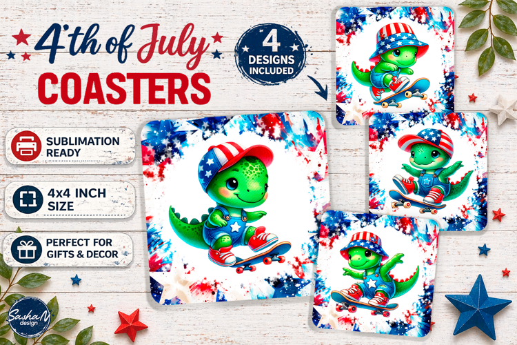 4th of july square coaster sublimation design, Dinosaur png
