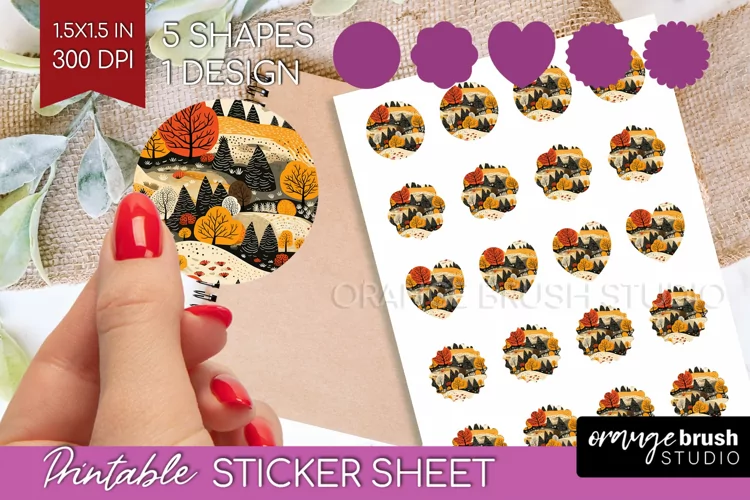 Autumn Forest Round Sticker - Fall Printable Sticker Sheet
