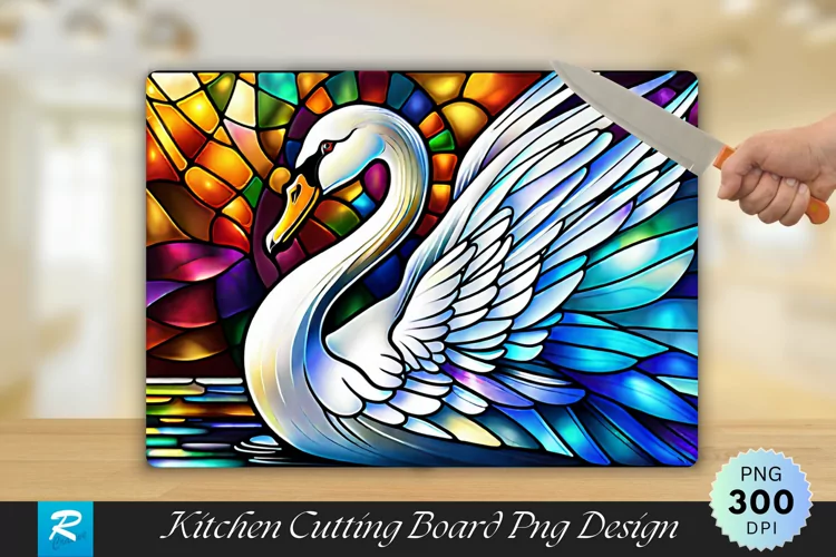 White Swan Stained Glass Cutting Board PNG Design