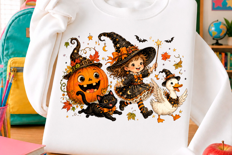 Cute Halloween Witch Pumpkin Cat T Shirt Design