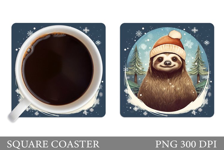 Sloth Square Coaster. Winter Sloth Coaster Sublimation