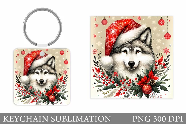 Christmas Wolf Keychain. Christmas Keychain Sublimation