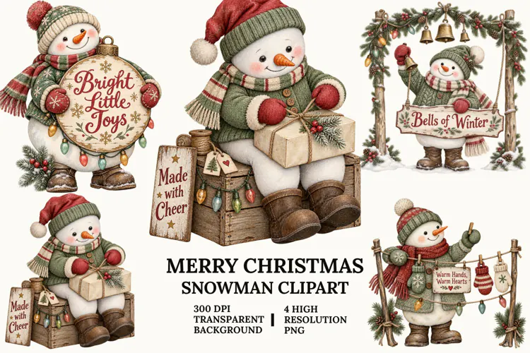 Merry Christmas Snowman Clipart with Pine, Tree and Lights