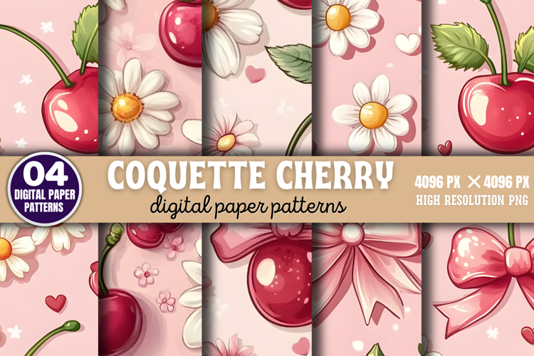 Coquette Cherry Pattern Digital Paper Background PNG