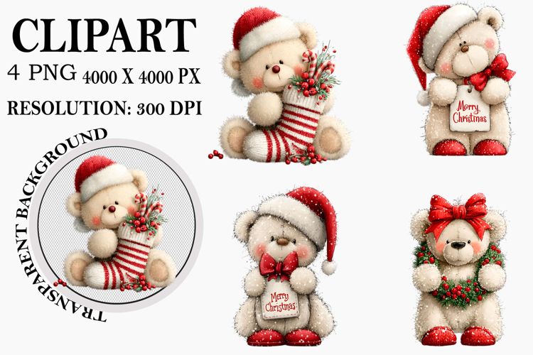 Whimsical Christmas Teddy Bear Clipart Watercolor PNG