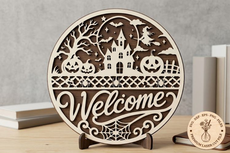 Haunted House Welcome Sign SVG, Halloween Round Door Sign