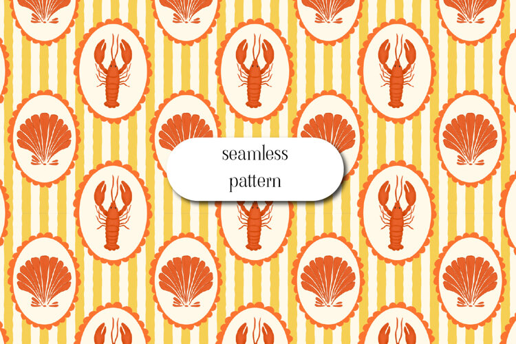 Lobster & Shell Coastal Seamless Yellow Stripe example image 1