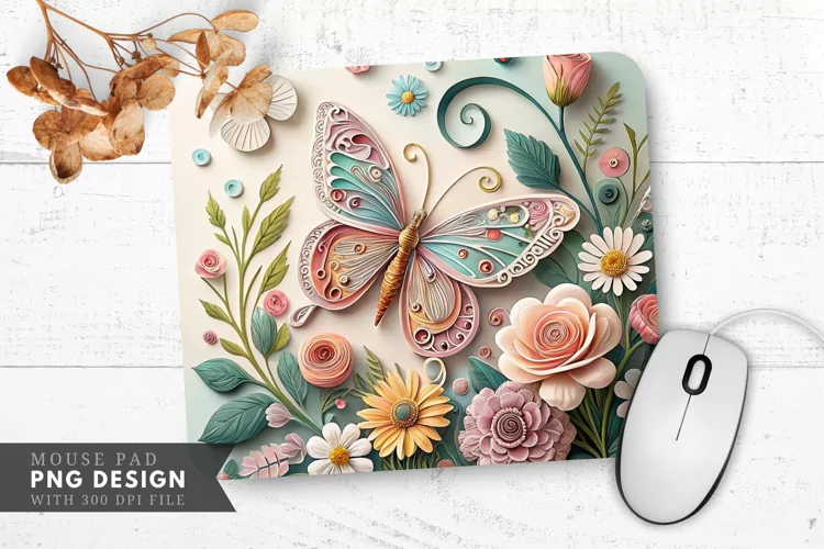 Butterfly Blossom Quilling Art Mouse Pad PNG Design