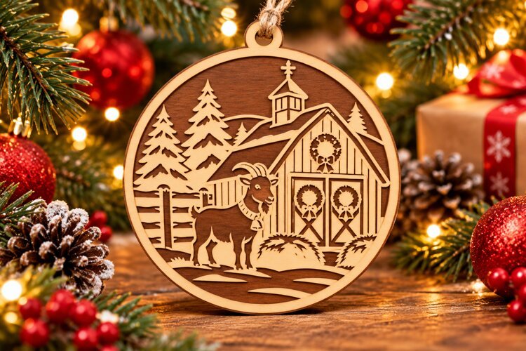 Christmas Goat Farm Wooden Ornament Laser Cut SVG example image 1