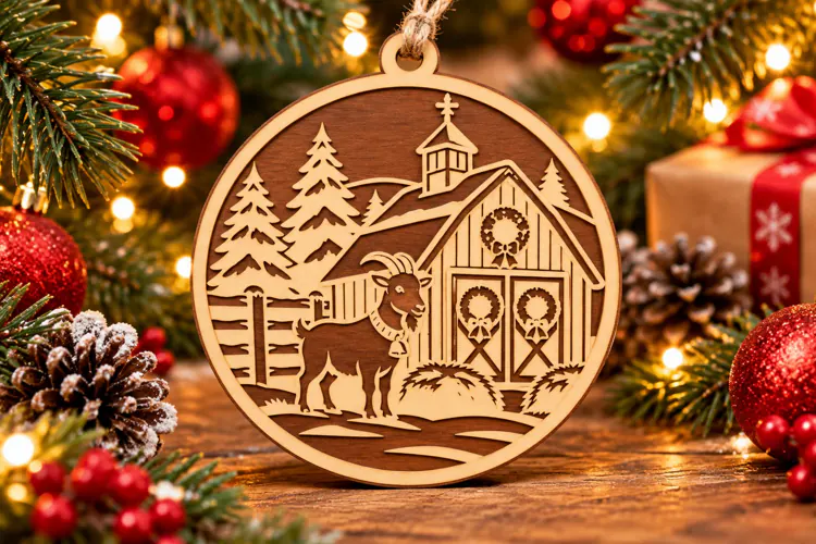 Christmas Goat Farm Wooden Ornament Laser Cut SVG