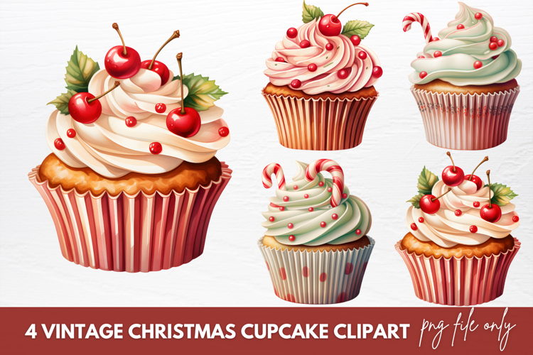 Vintage Christmas Cupcake Clipart Sublimation