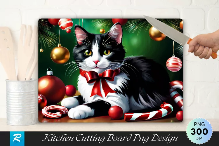 Festive Calico Cat with Candy Cane Cutting Board Sublimation