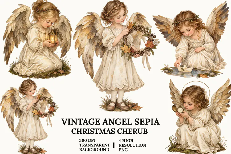 Vintage Angel Clipart, Sepia Cherub with Cat and Flowers PNG