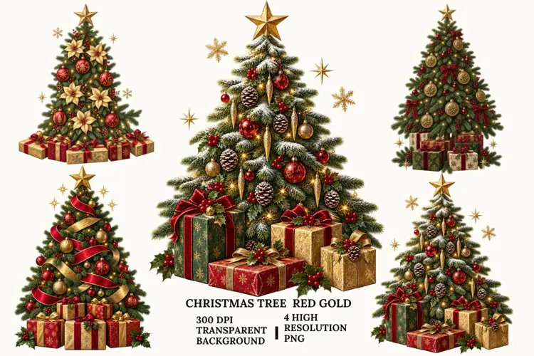 Christmas Tree PNG, Red Gold Holiday Decoration Sublimation