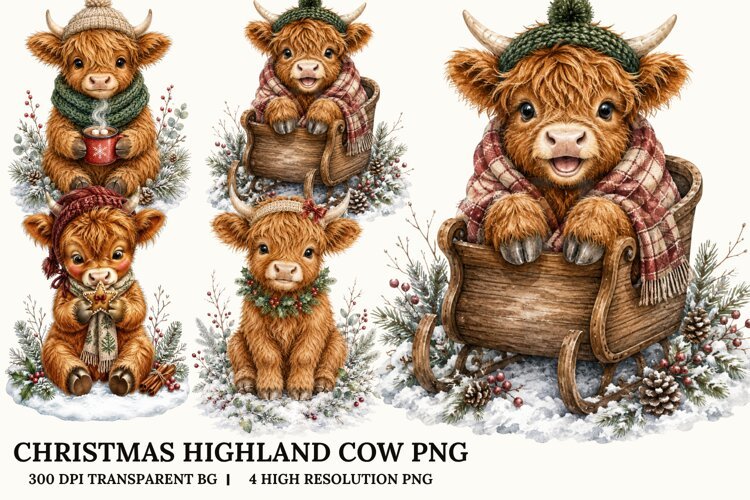 Christmas Highland Cow PNG Cozy Holiday Sublimation Design example image 1