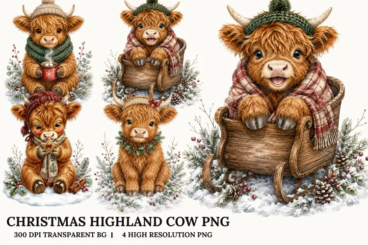 Christmas Highland Cow PNG Cozy Holiday Sublimation Design
