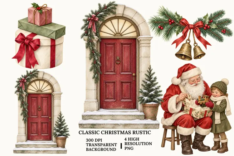 Classic Christmas PNG, Santa Rocking Horse Rustic Winter Art