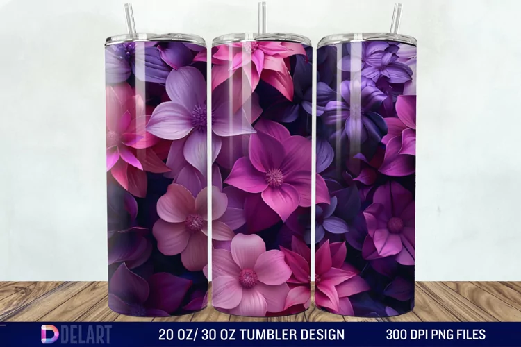 3D Fuchsia and Violet Flowers Tumbler Wrap